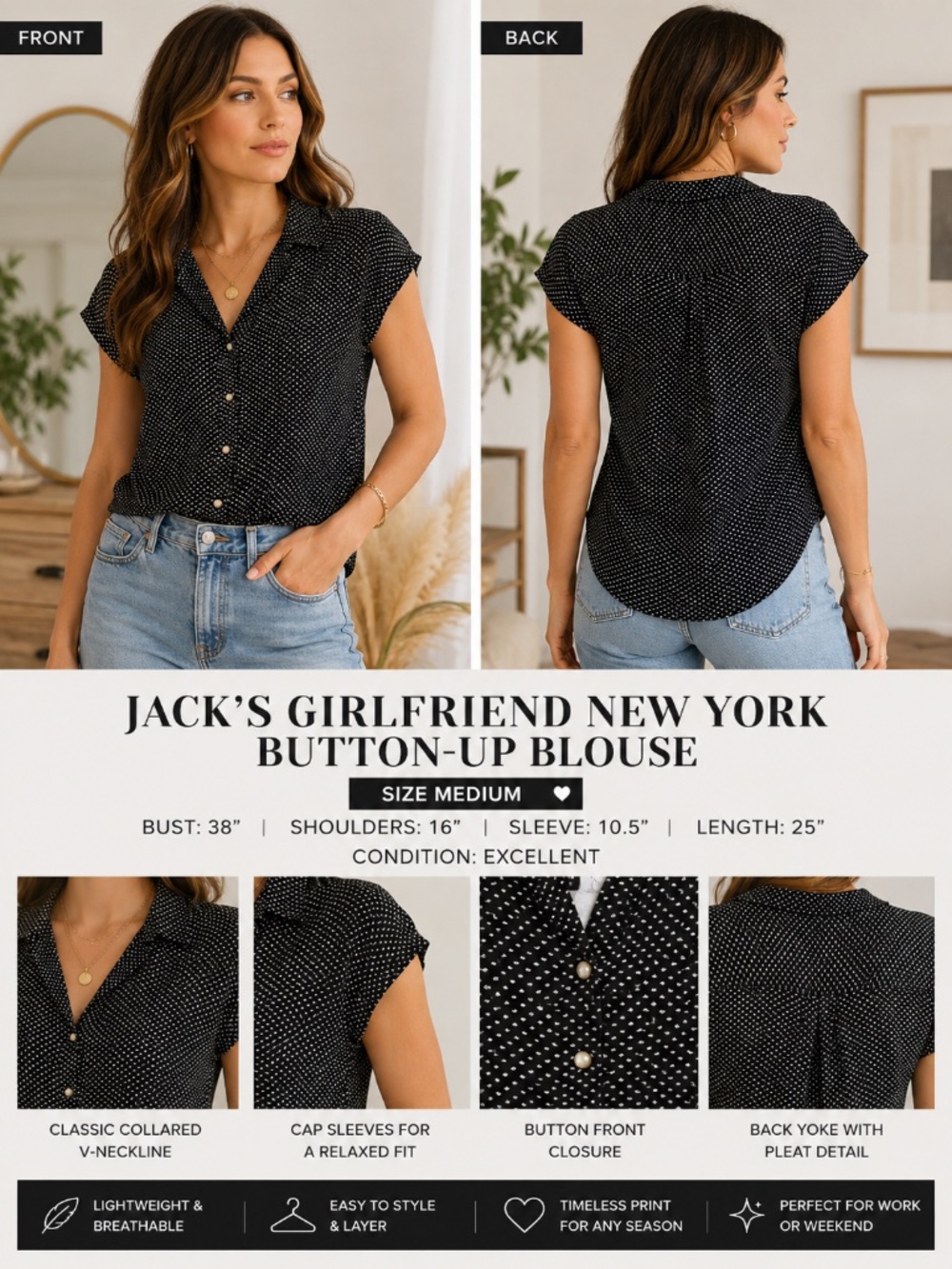 JACHS Girlfriend NY Black White Print Button Up Blouse Medium Short Sleeve - Picture 2 of 7